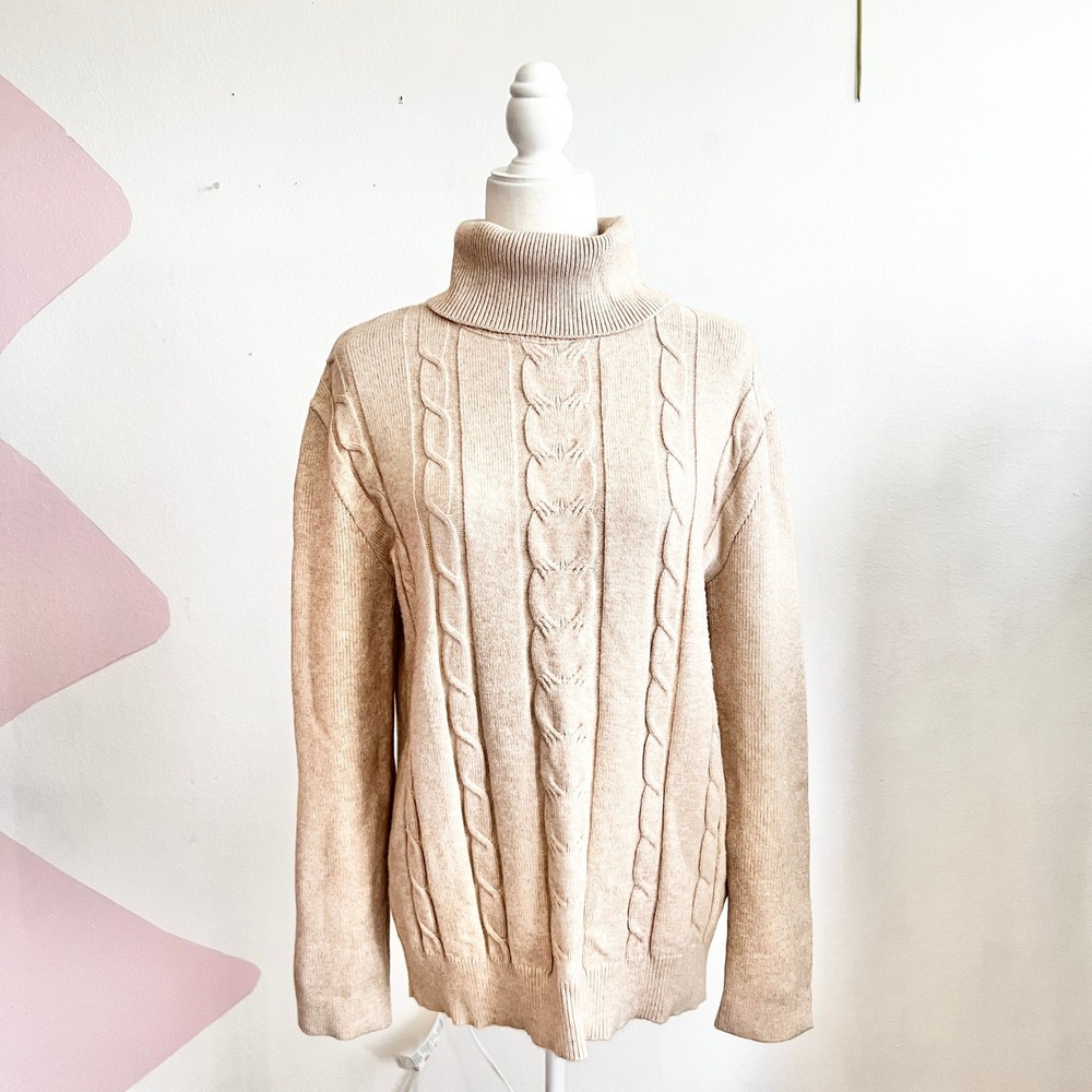 Beige Cable‎ Knit Sweater Women's Cozy Pullover Classic Neutral Winter Medium